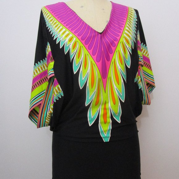 Tunic Dress Swim Coverup Neon Dashiki Print Pink Black Knit Vaca - Picture 2 of 11